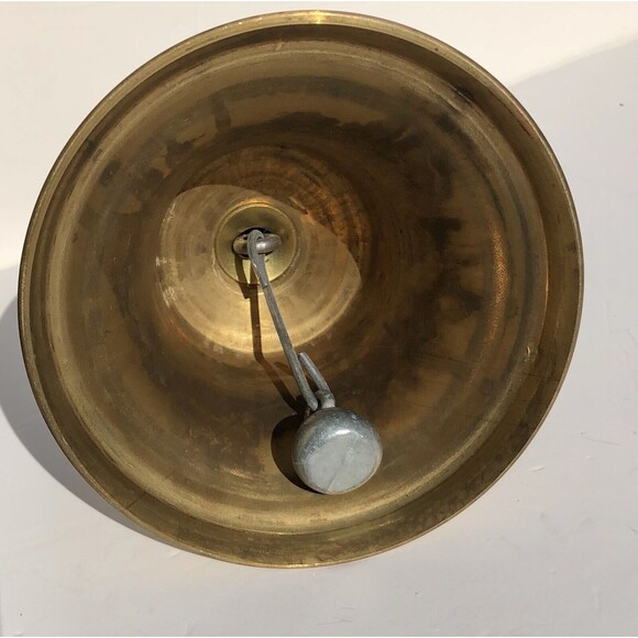 Vintage 8 1/2” Brass Bell With Wooden Handle 5" Diameter Hand Size Table/Desk - Picture 9 of 9